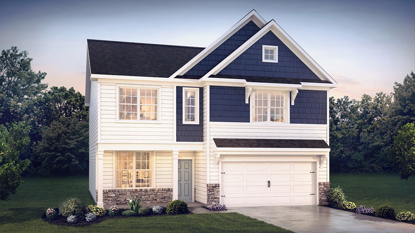 A rendering of a two-story Penny home with white siding and navy shake accent siding, stone kneewall, and a white two car garage.