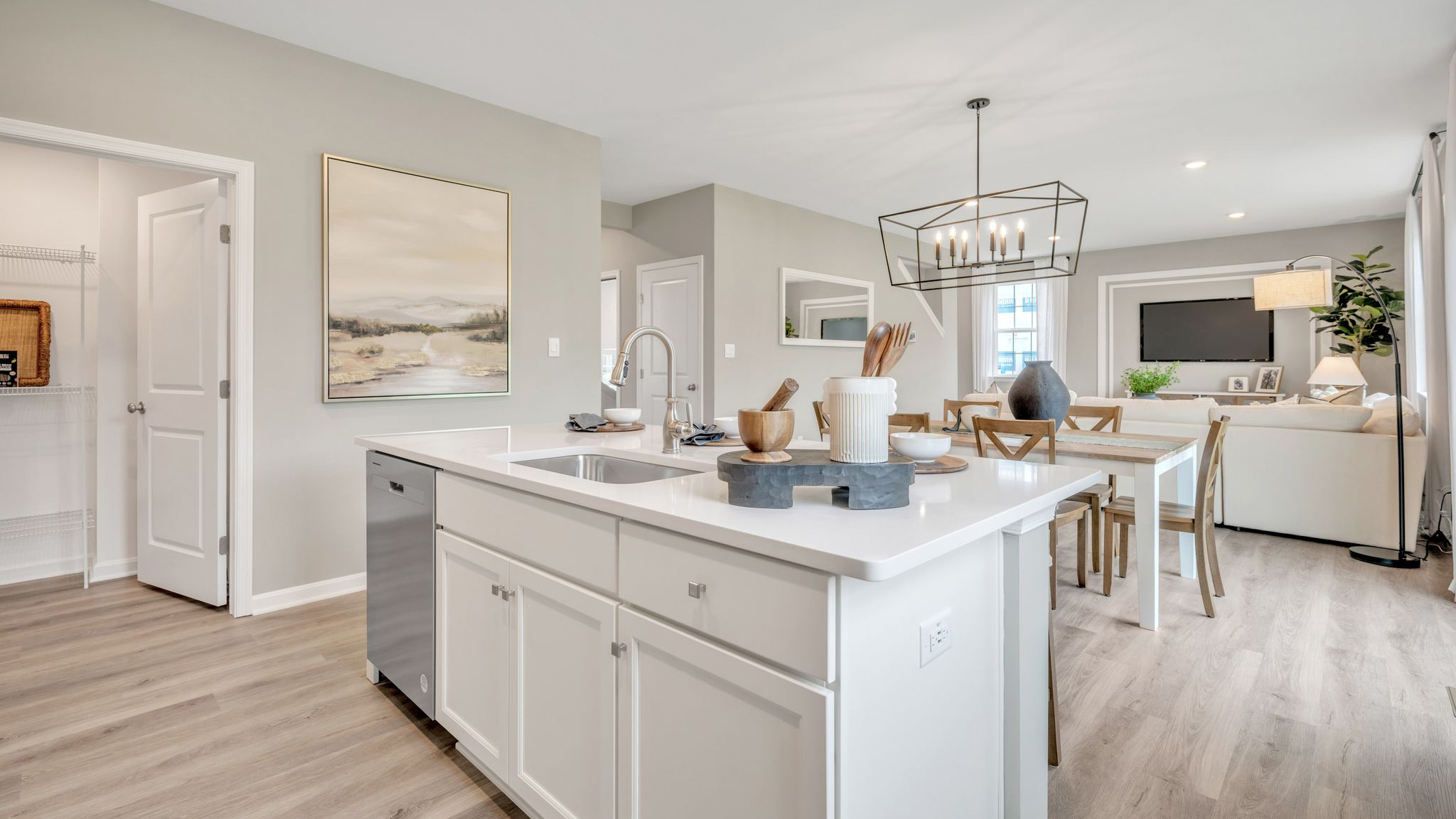 The kitchen flows seamlessly into the dining space and the sizeable great room.