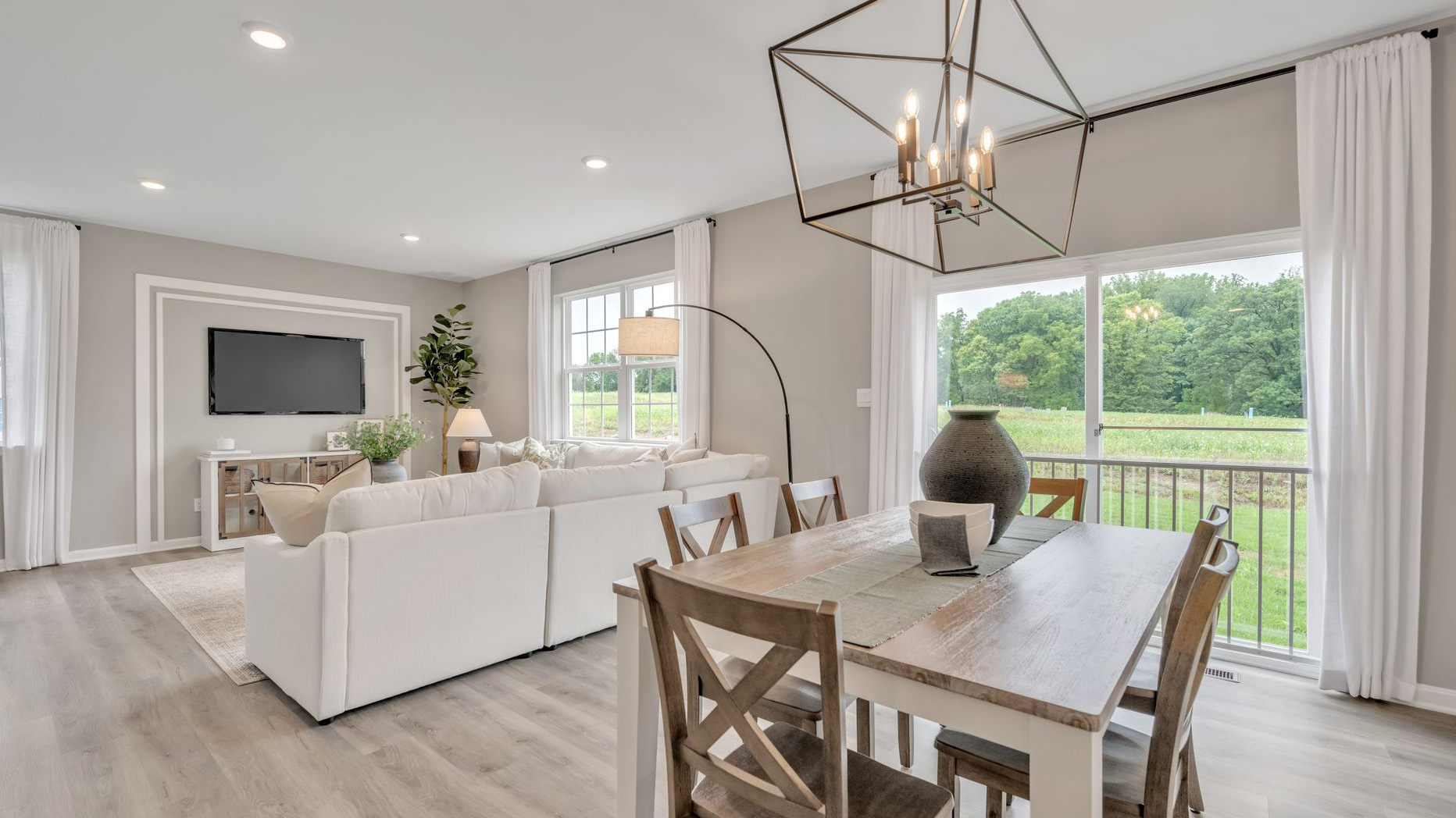 The kitchen flows seamlessly into the dining space and the sizeable great room.