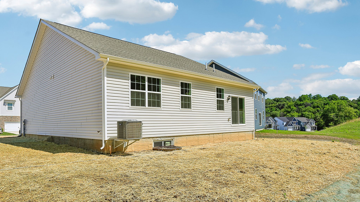 Rear exterior with vinyl siding, multiple windows, and sliding door overlooking backyard space.