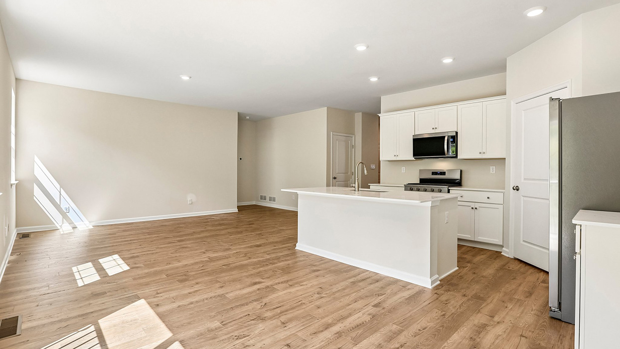 Spacious kitchen and living space with quartz island, stainless steel appliances, and seamless flow into the main living area.