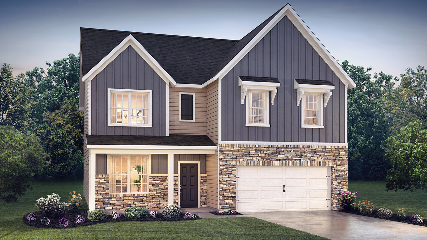 A rendering of a two-story Henson home with misty blue and tan siding, and stone siding surrounding a white two car garage.