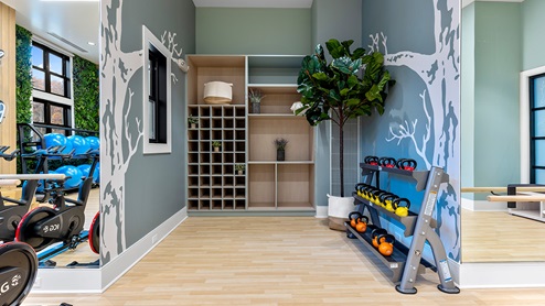 Cubbies and shelving for storage at the back of the fitness center, past a storage rack of kettlebells.