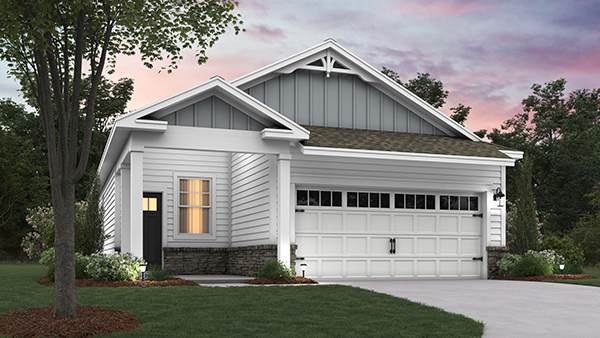 A rendering of a Bowen home with white siding, gray board and batten accent sideing, white trim, and white two car garage