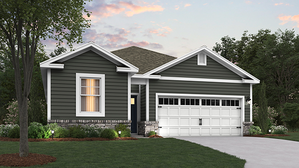 A rendering of a Dawson home with dark green siding, white trim, and white two car garage
