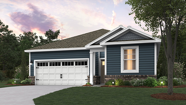 A rendering of a Dawson home with dark blue siding, white trim, and white two car garage