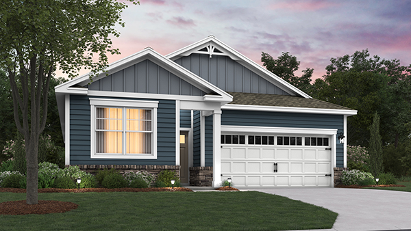 A rendering of a Dawson home with dark blue siding, gray board and batten accent sideing, white trim, and white two car garage