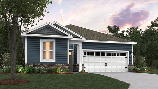 A rendering of a Dawson home with dark blue siding, white trim, and white two car garage