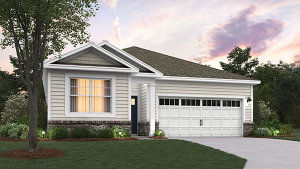 A rendering of a Merrit home with dark green colored siding, white trim, and white two car garage