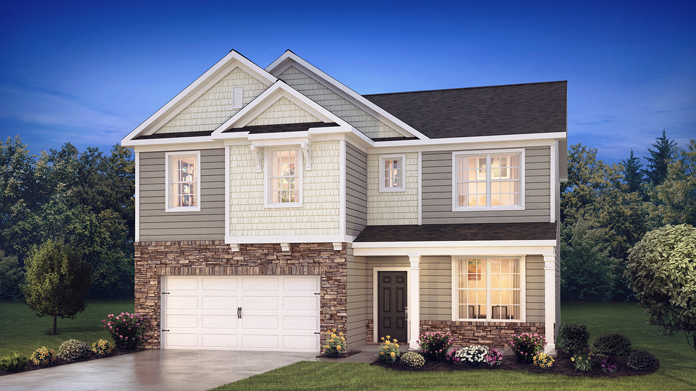 A rendering of a two-story Galen home with gray and cream siding, stone kneewall, and stone siding surrounding a white two car garage.