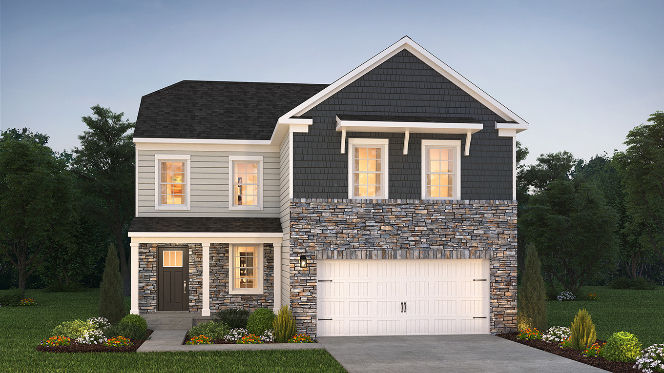 A rendering of a Derby home with sterling primary siding, ironstone shake accent siding, and dakota ledgestone surrounding the garage and porch, and white two car garage.