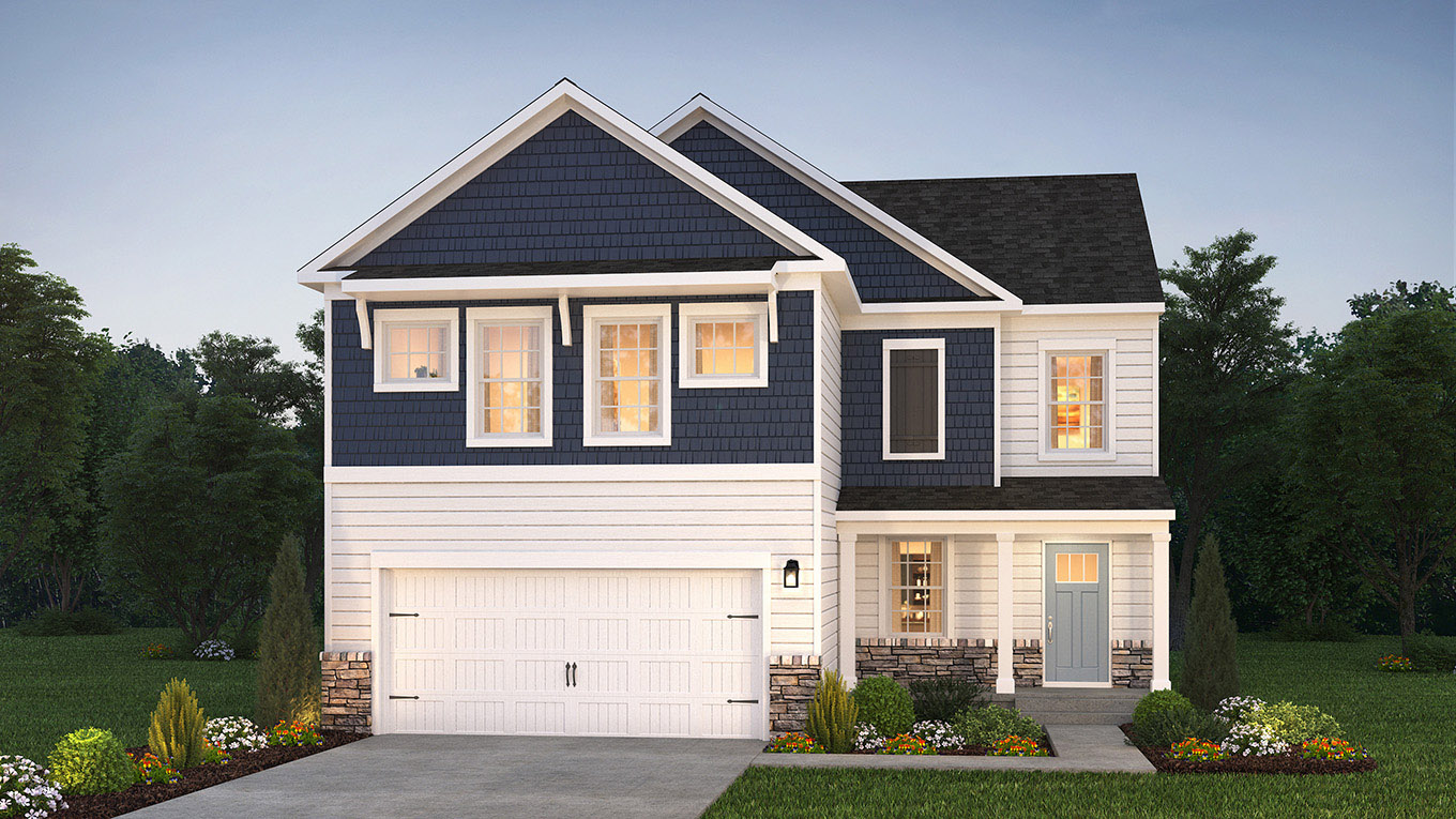 A rendering of a Derby home with white primary siding, marine blue shake accent siding, PA sierra stone kneewall, and white two car garage.