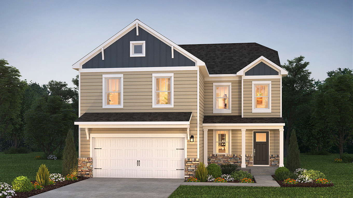 A rendering of a Derby home with wicker primary siding, midnight surf board and batten accent siding, and champaign stone kneewall, and white two car garage.