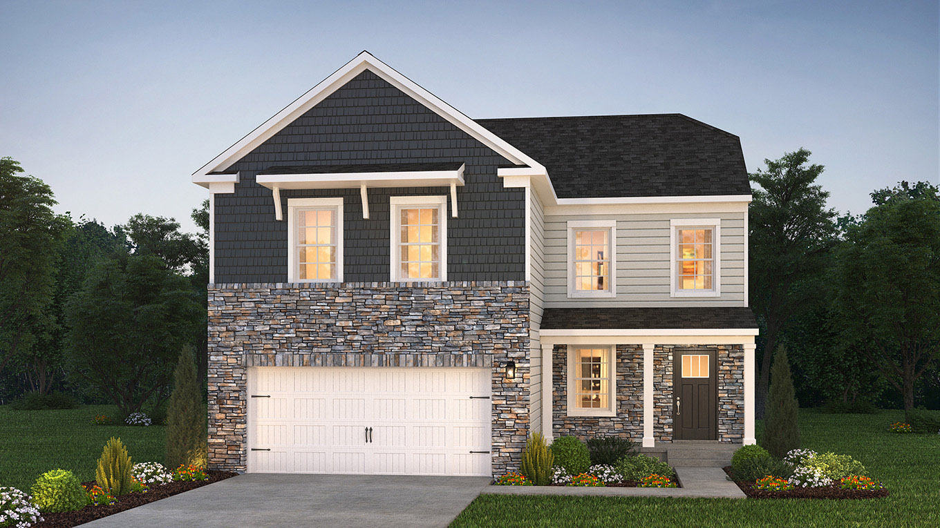 A rendering of a Derby home with sterling primary siding, ironstone shake accent siding, and dakota ledgestone surrounding the garage and porch, and white two car garage.