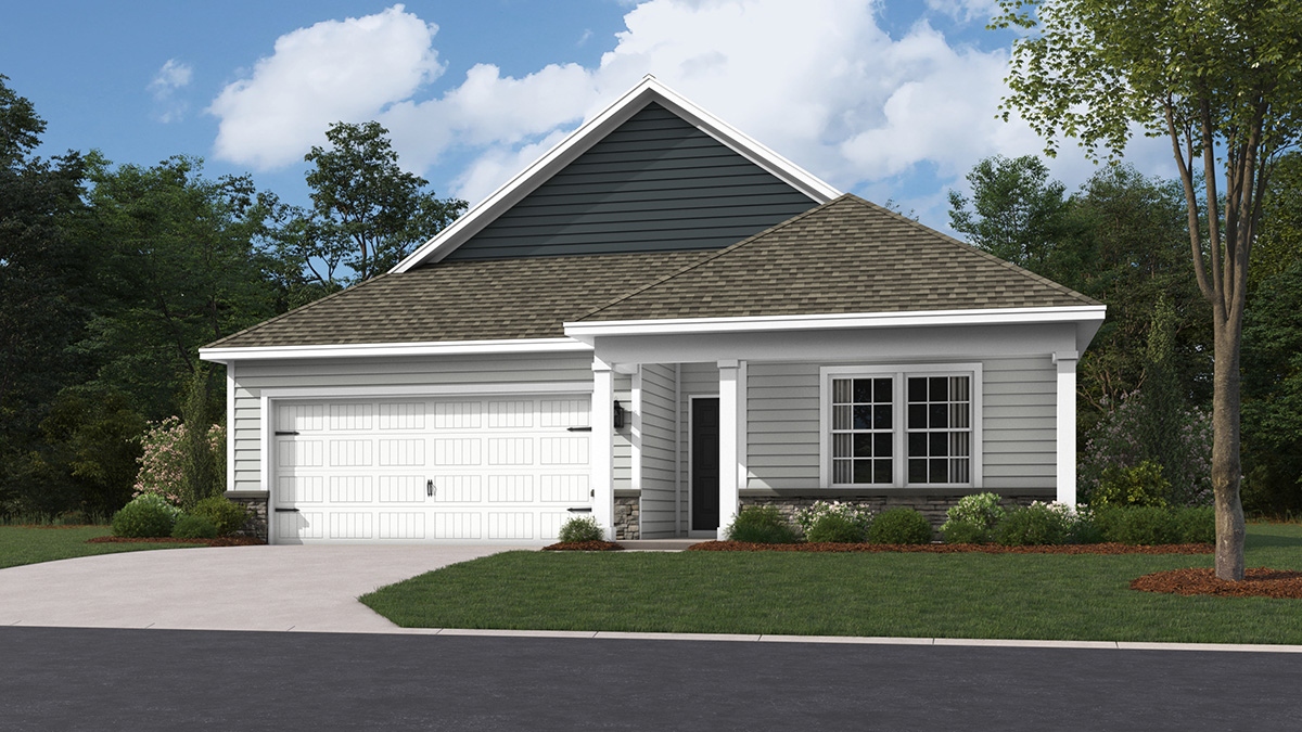 A Neuville exterior rendering with cream siding, stone kneewall, and white garage door.