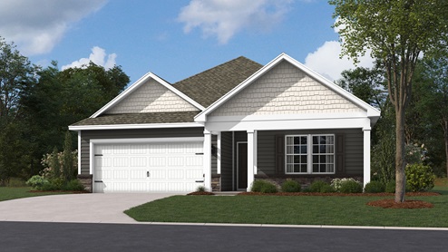 A Neuville exterior rendering with tan siding, dark colored shutters, and white garage door.