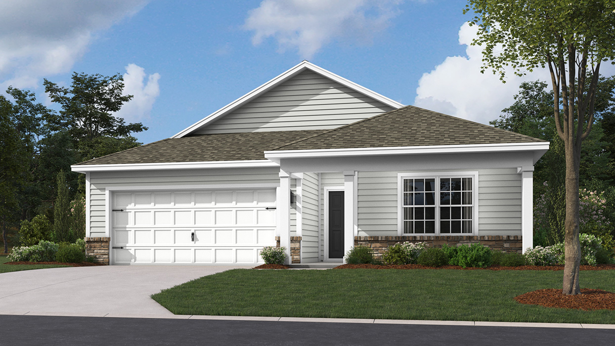A Neuville exterior rendering with cream siding, stone kneewall, and white garage door.