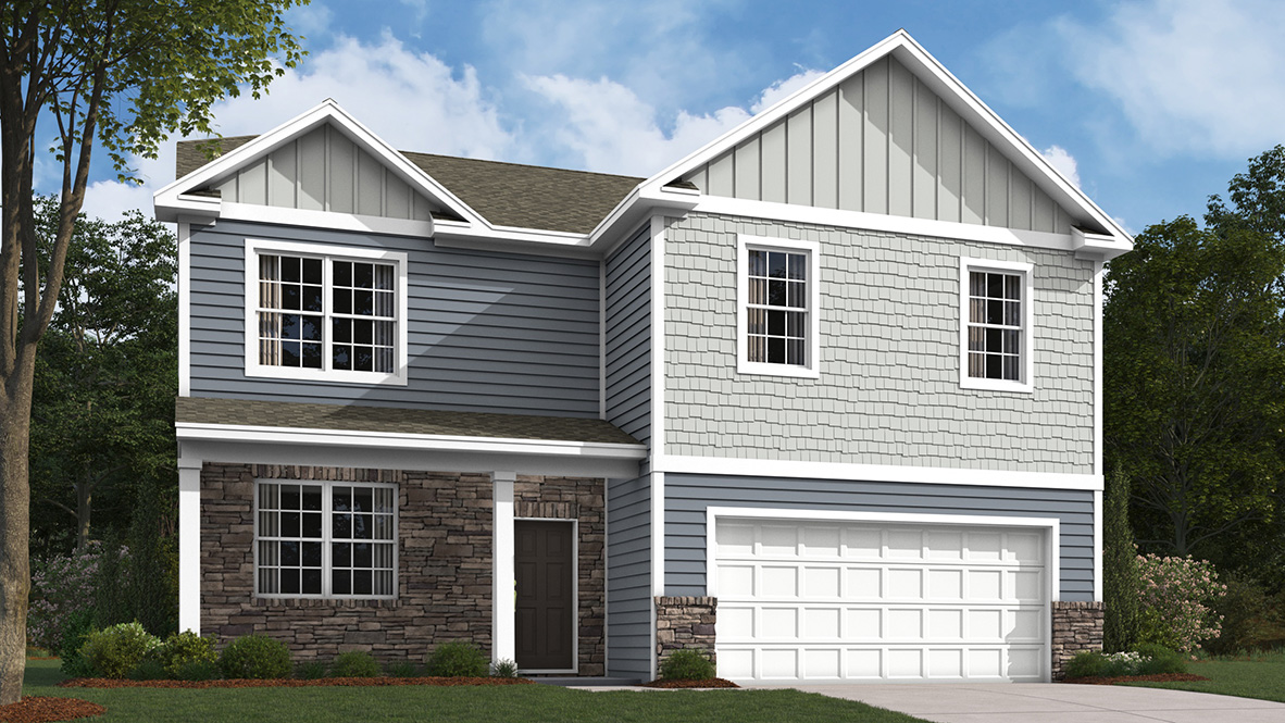 A rendering of a two-story Henson home with storm blue siding, shake accent siding in sterling, stone siding surrounding the porch and a stone kneewall surrounding a white two car garage.