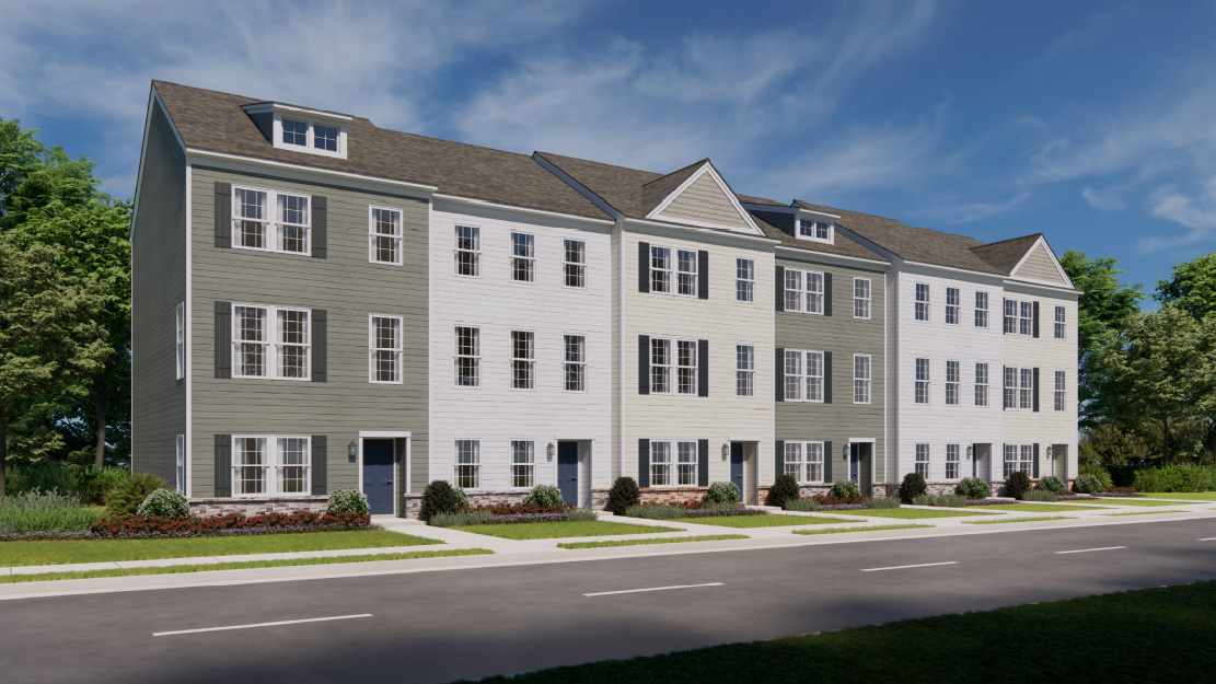 a rendering of the norris plan 6-unit townhome building with slate gray color siding dark gray shutters and a navy front door