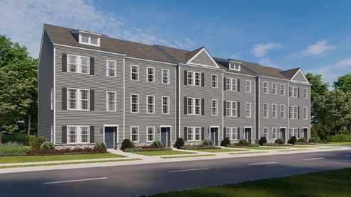 a rendering of the norris plan 6-unit townhome building with slate gray color siding dark gray shutters and a navy front door