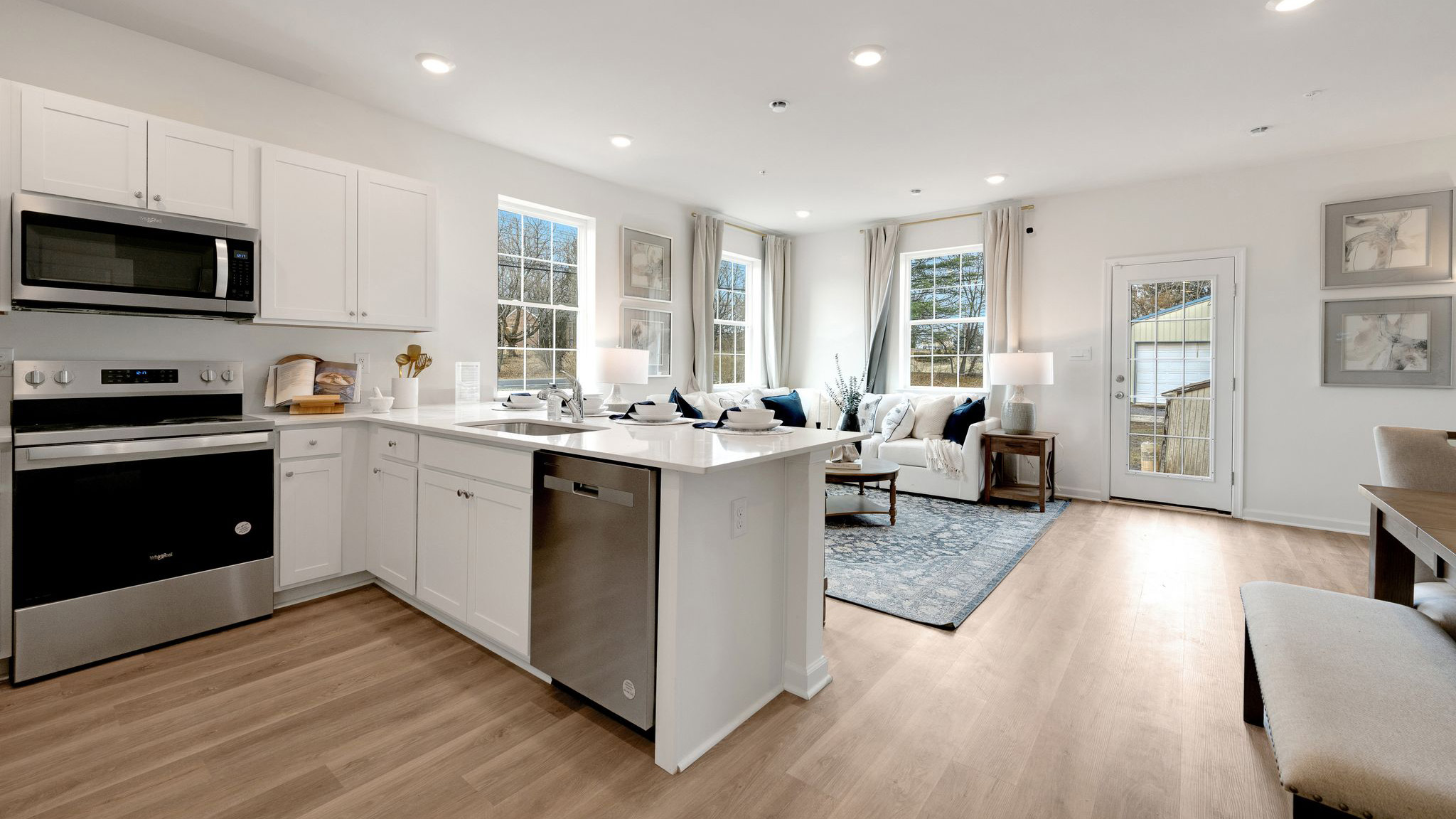 Kitchen area to the left and view into the living area.