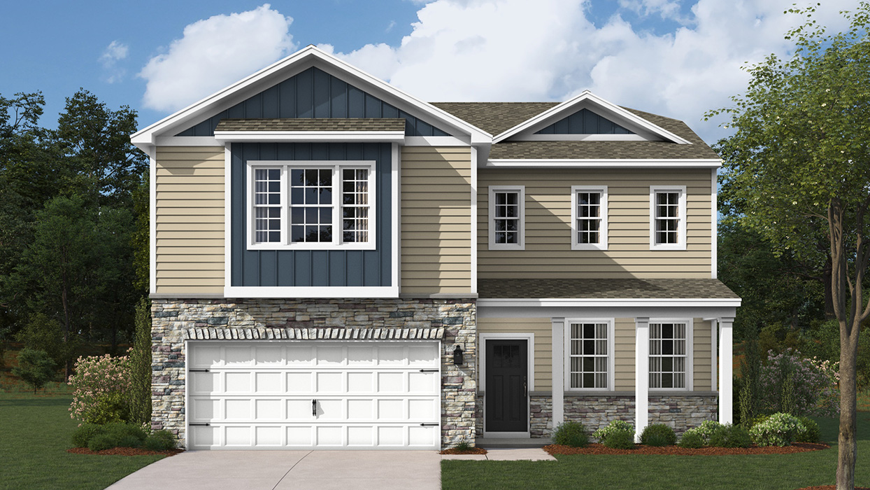 A rendering of a two-story Galen home with wicker siding, midnight surf board and batten accent siding, and champagne ledgestone surrounding a white two car garage.