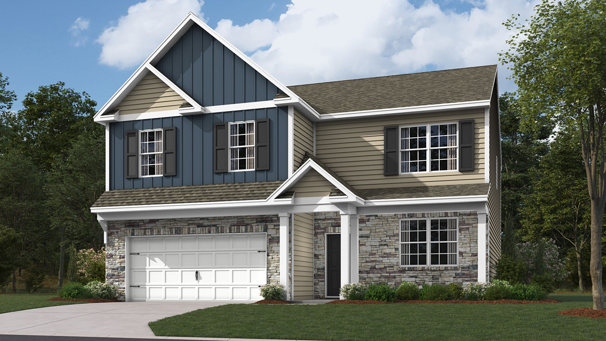A rendering of a two-story Henley home with wicker and midnight surf board and batten accent siding, black shutters, and champagne ledgestone surrounding a front entrance and white two car garage.