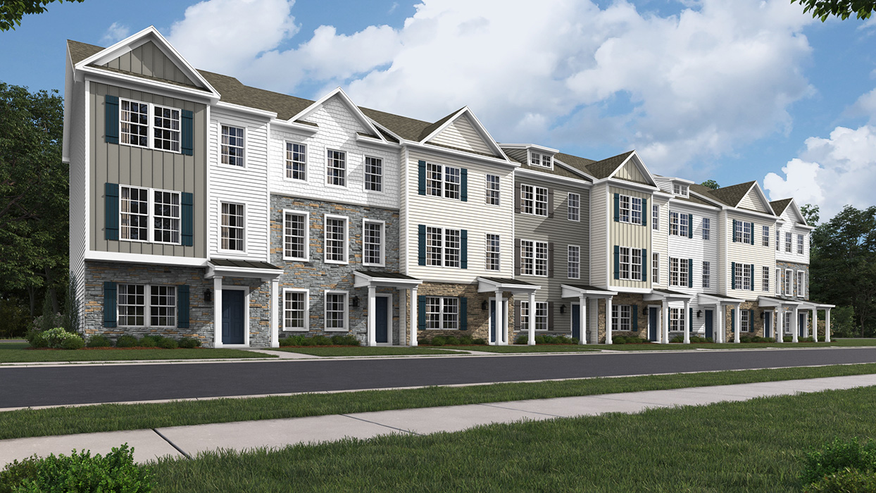 A rendering of the norris plan 8-unit townhome building with harvard slate gray color siding tuxedo gray shutters and a naval blue front door
