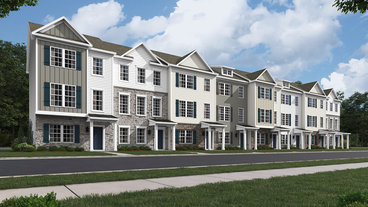 a rendering of the norris plan 8-unit townhome building with white, harvard slate, and linen colored siding dark gray shutters and a navy front door