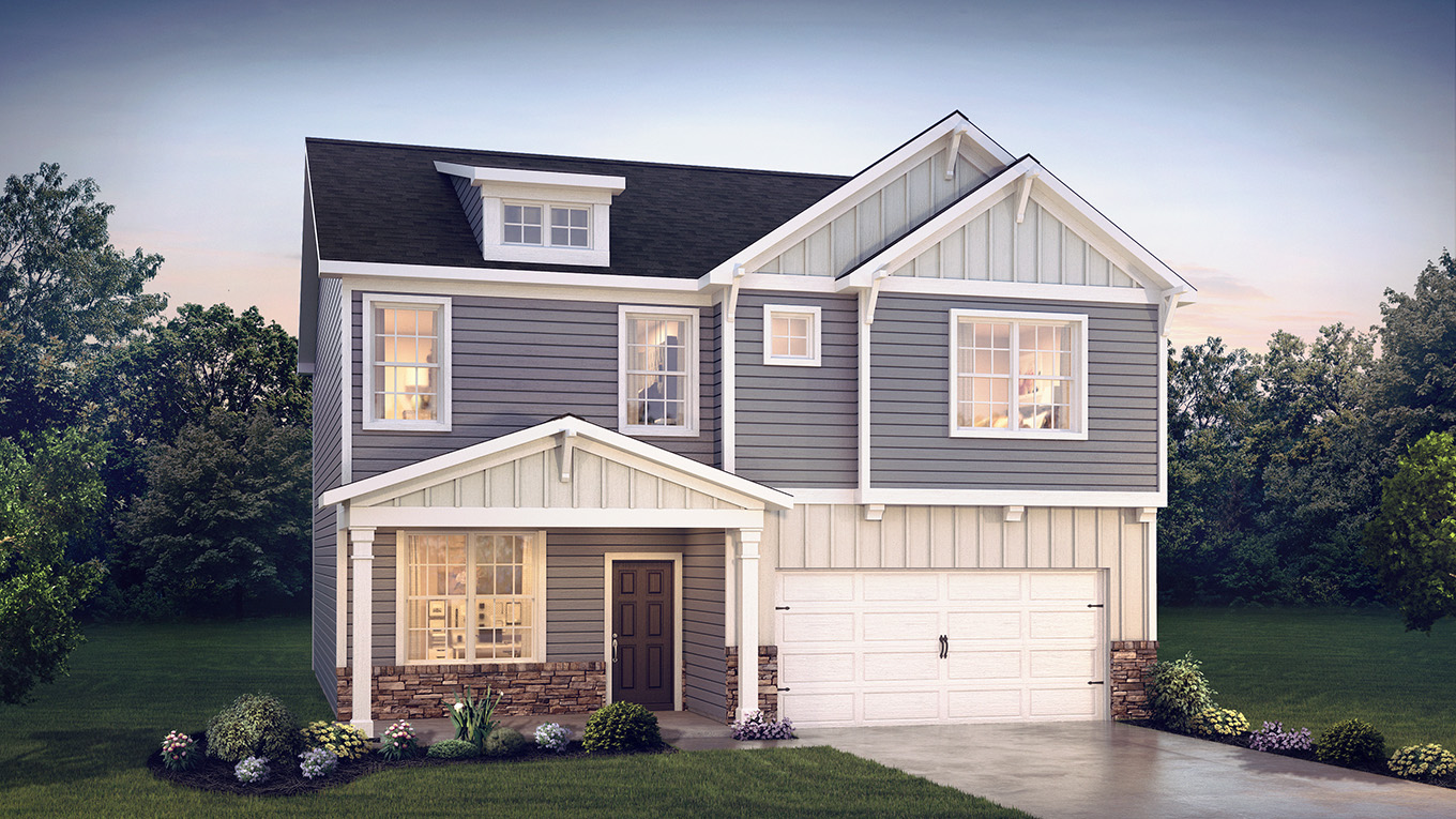 A rendering of a two-story Penny home with gray siding and cream board and batten accent siding, stone kneewall, and a white two car garage.