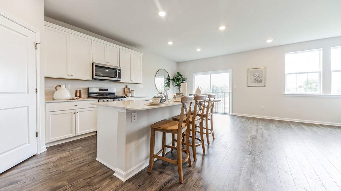 Kitchen with large island and white cabinetry with dining area and a peak into the living area.