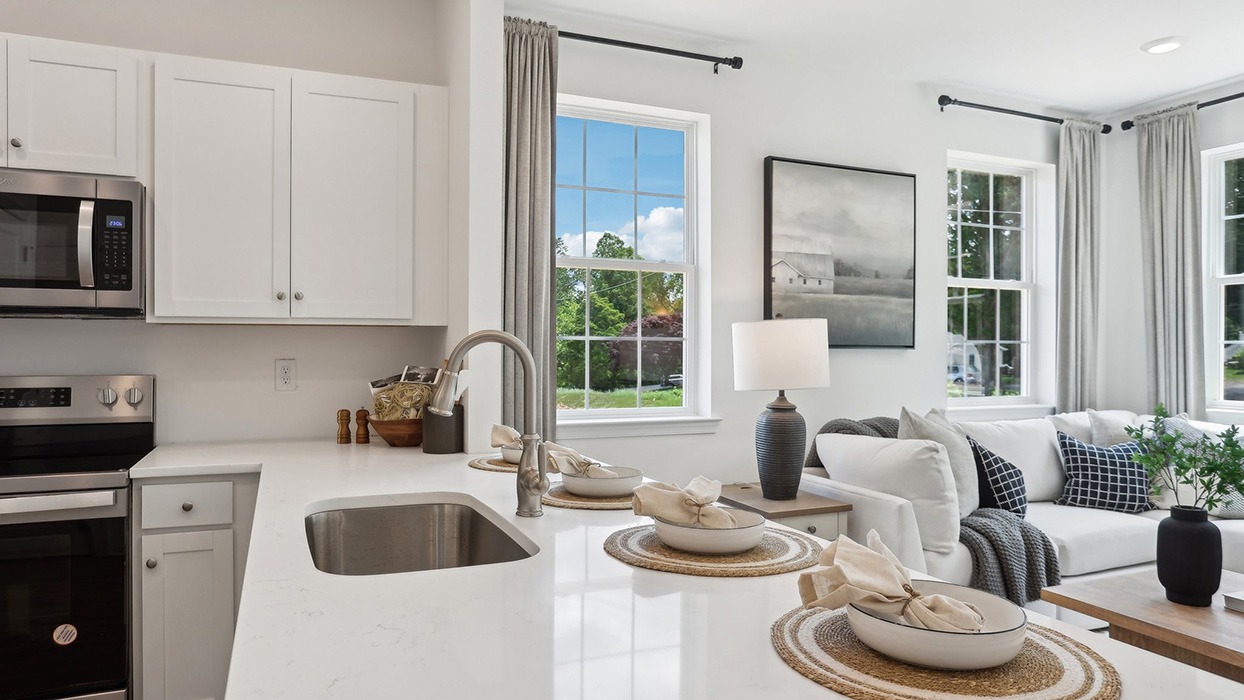 A view looking over the white kitchen counter with view into the the living area.