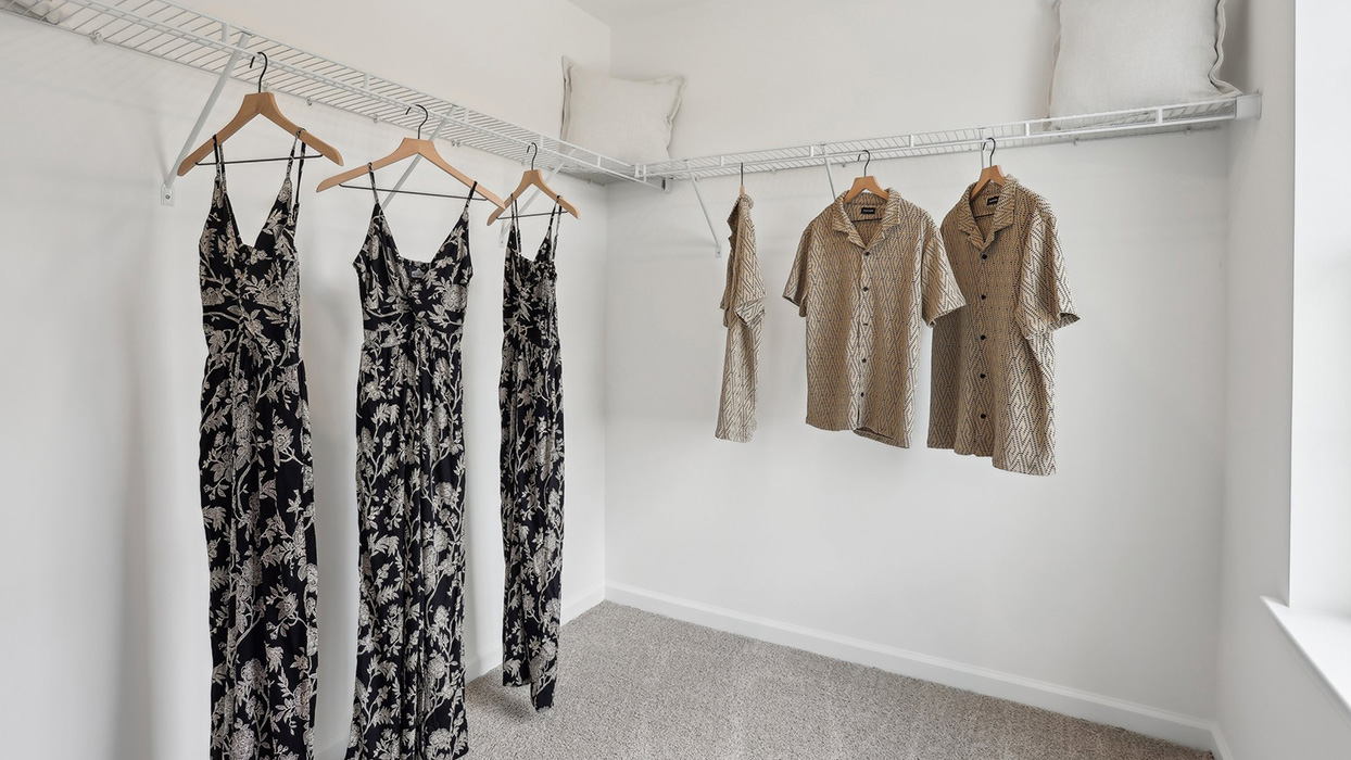 Primary bedroom with view into the walk-in closet.