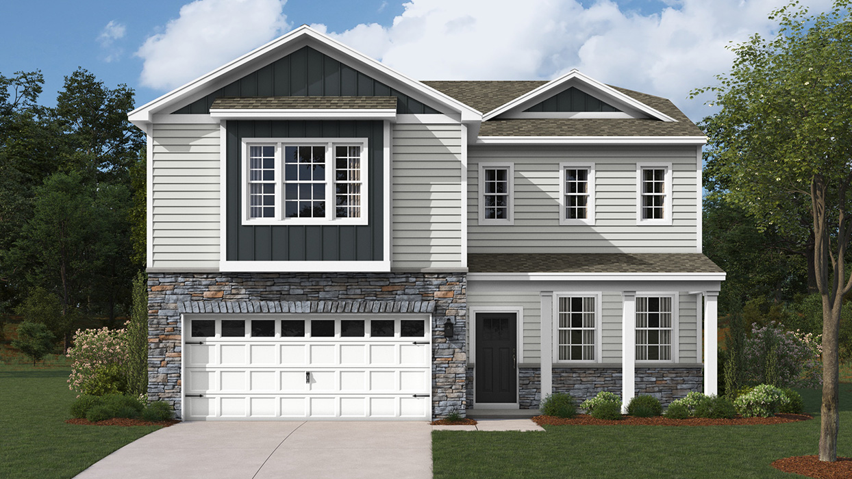 A rendering of a two-story Galen home with sterling siding, ironstone board and batten accent siding, dakota ledge stone kneewall, and dakota ledge stone siding surrounding a white two car garage.