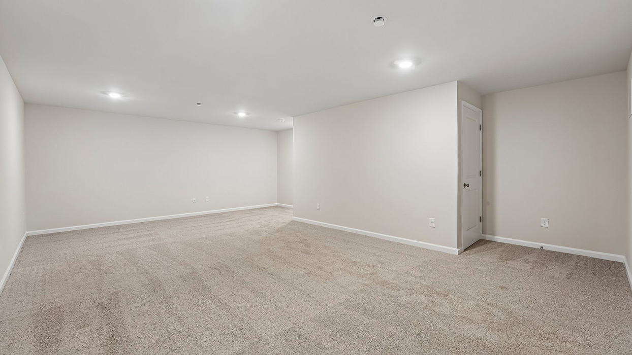 Large finished basement with open-concept layout, carpet flooring, and storage or utility door