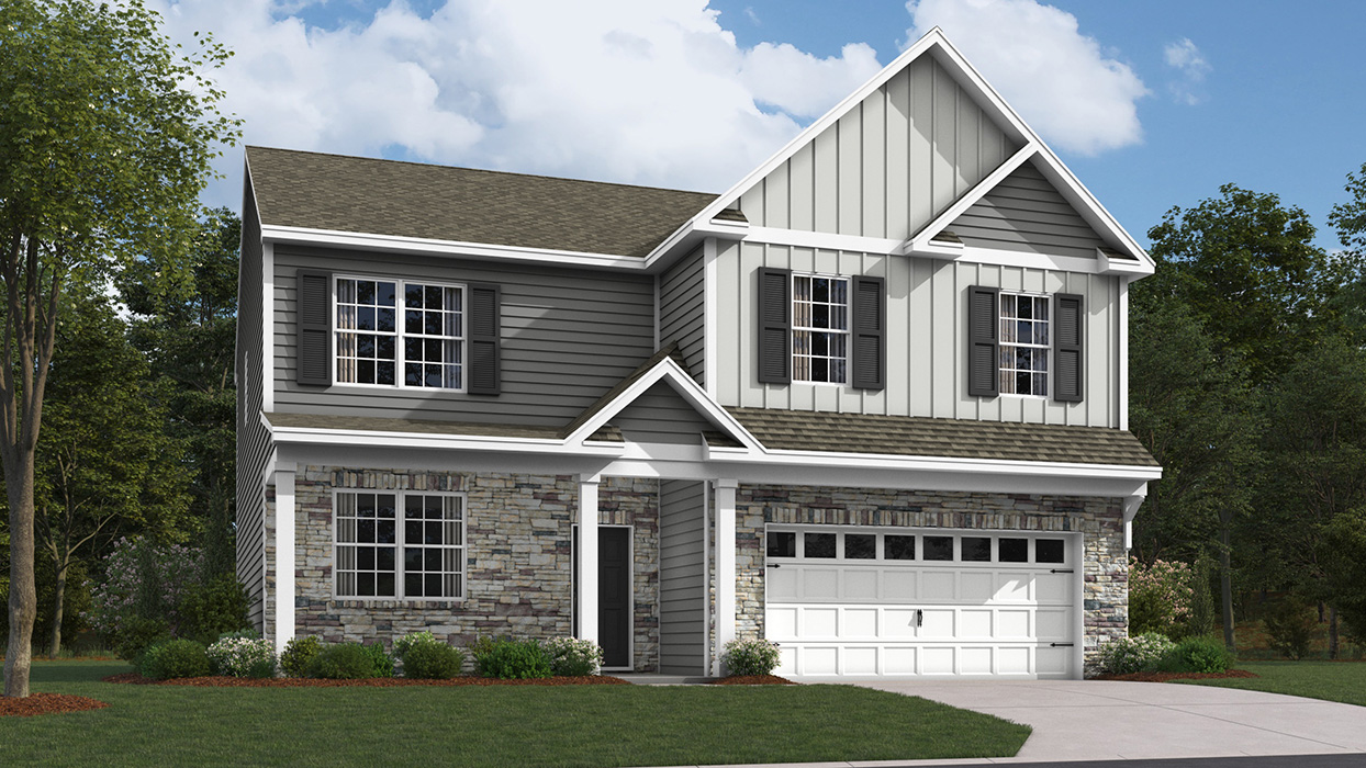 A rendering of a two-story Henley home with rockslide siding and sterling board and batten accent siding, black shutters, and champagne ledge stone surrounding a white two car garage and tricorn black front entrance.