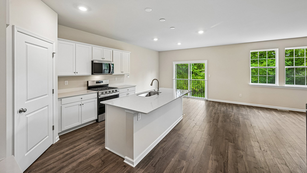 Kitchen with large island, white cabinetry, stainless steel appliances, and sliding glass door to backyard