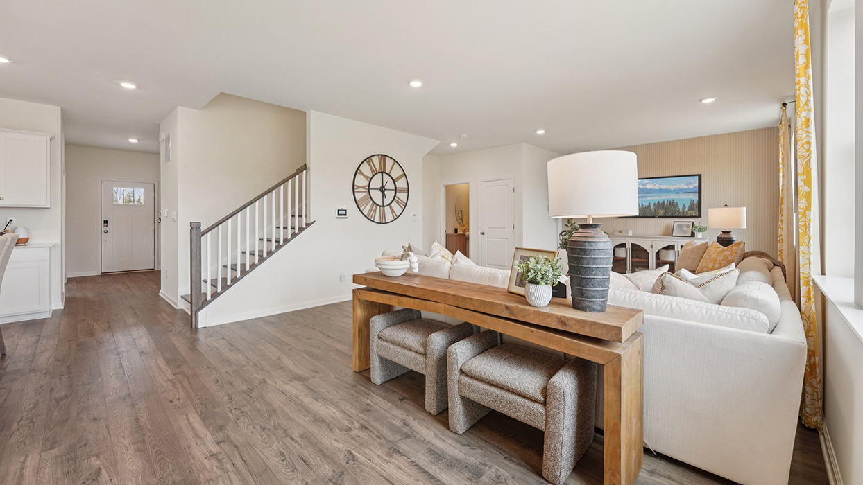 The great room facing the stairwell to the second floor.