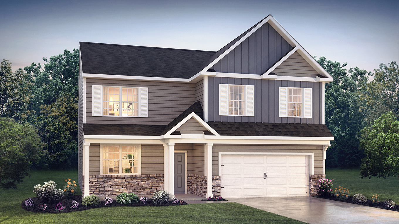 A rendering of a two-story Henson home with misty blue and gray siding, stone kneewall, white shutters, and white two car garage.