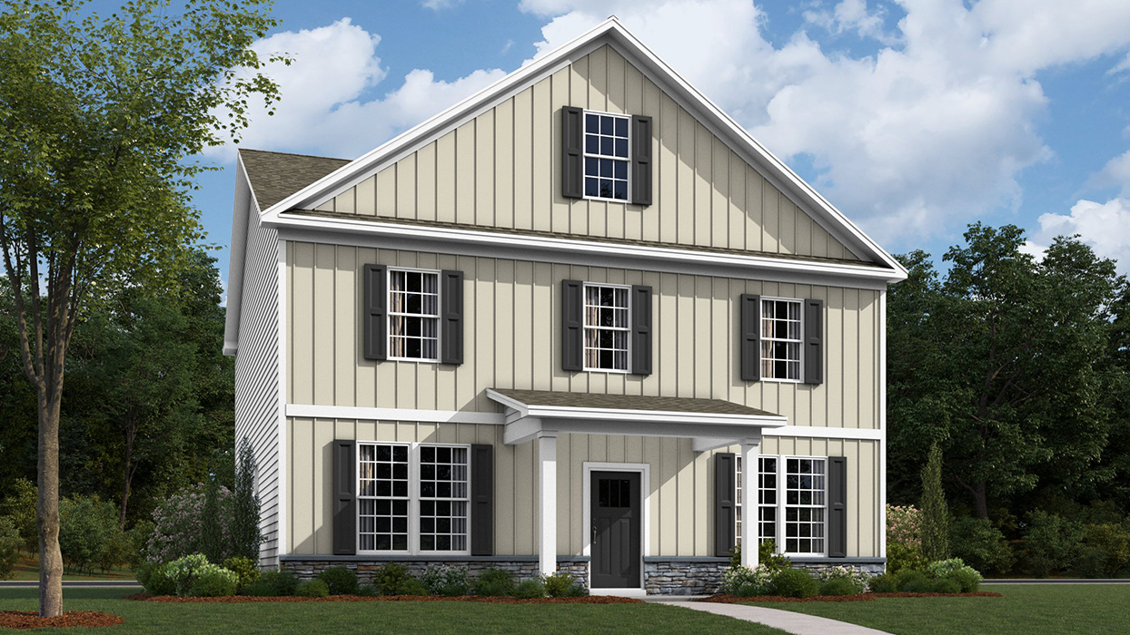 A rendering of the front of a two-story Penwell home with white siding and sand board and batten accent siding, dakota ledgestone kneewall, black shutters, and a tricorn  black front door.