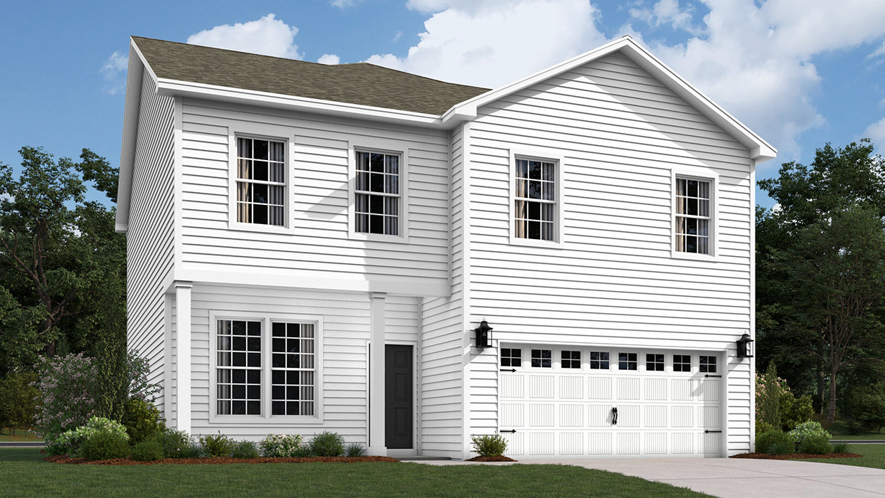 A rendering of the rear of a two-story Penwell home with white siding and white accents, a tricorn black rear door, and a white two-car garage.