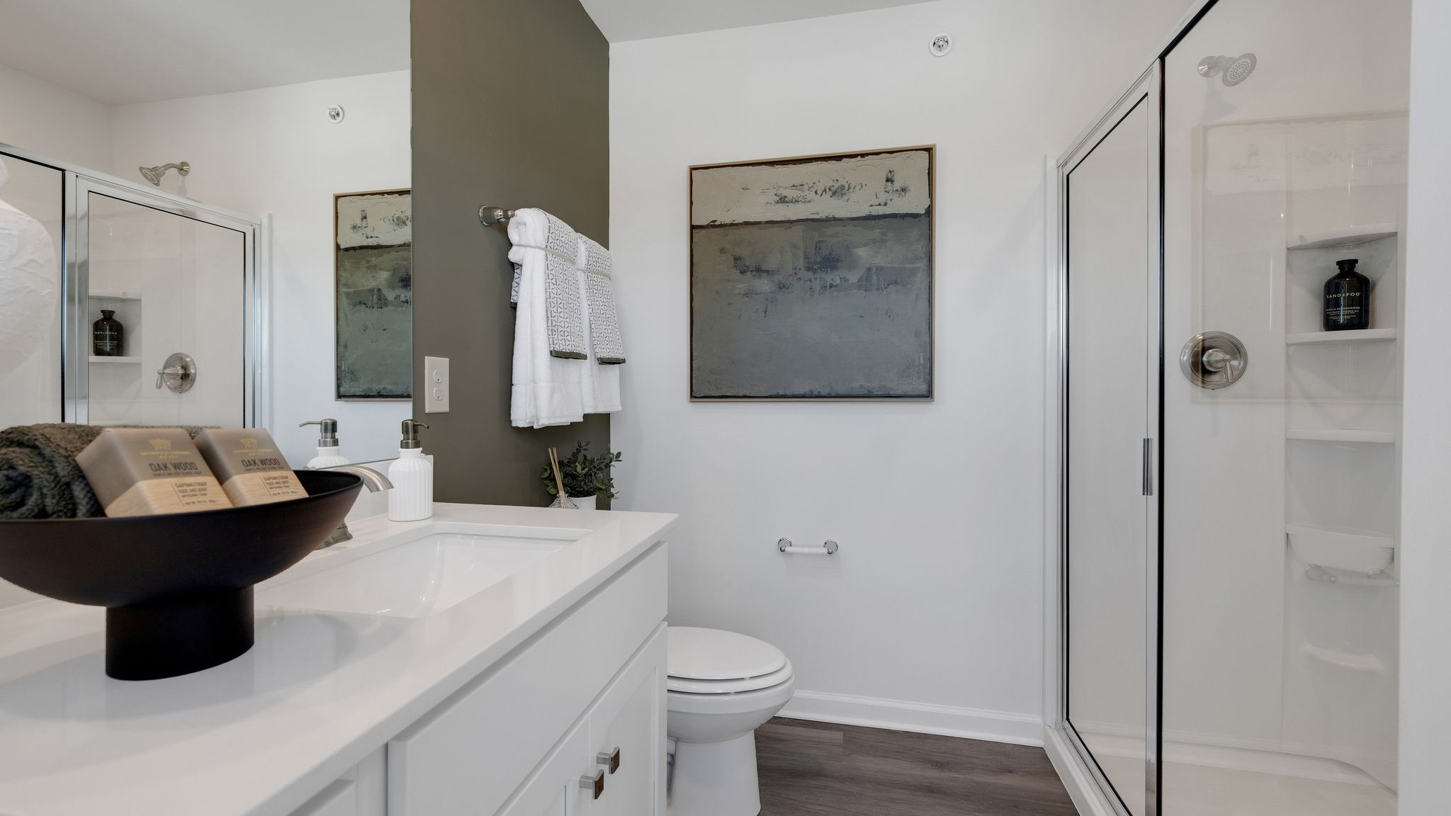 Primary bathroom with double bowl vanity, glass door shower and toilet across.