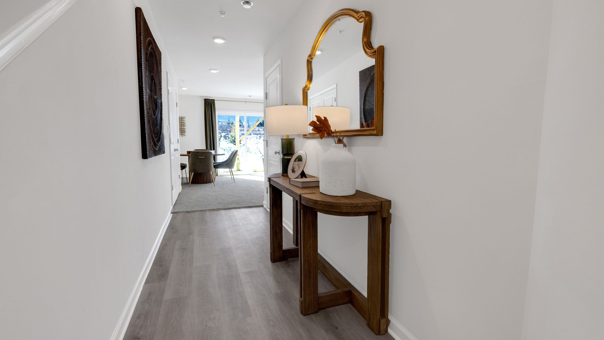 Foyer entrance of the home leads to a large finished recreation room for entertainment.