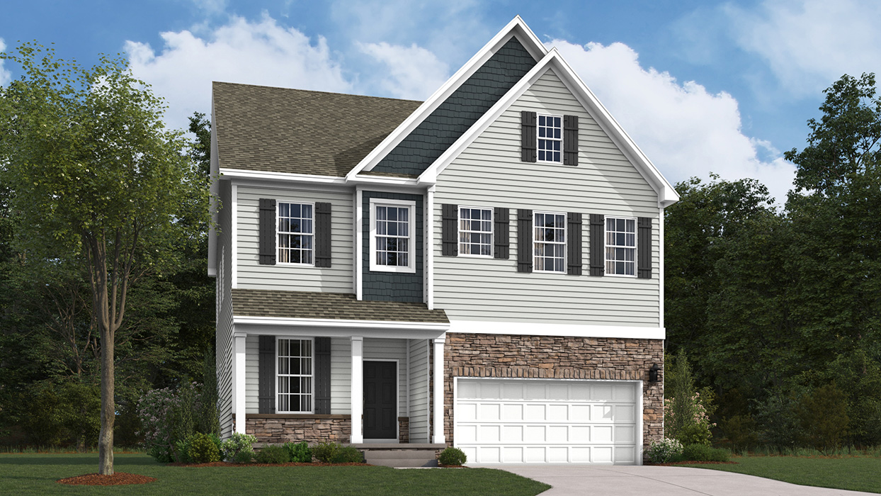 Sorrento plan two-story single family home in sterling color siding, dakota ledgestone knee wall and full wall surrounding the garage, ironstone color shake style accent siding, black shutters, and white two car garage door.