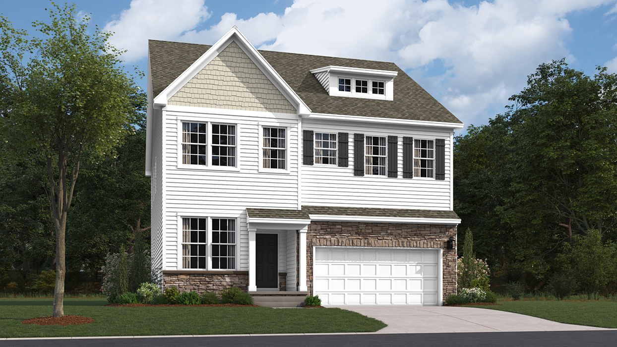 Sorrento plan two-story single family home in white color siding, dakota ledgestone knee wall and full wall surrounding the garage, sand color shake style accent siding, black shutters, and white two car garage door.