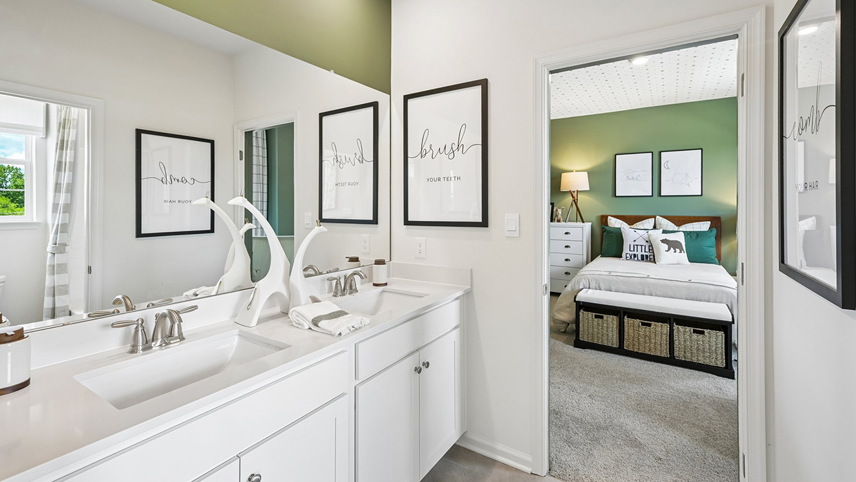 Jack and Jill style bathroom between bedroom one and bedroom two.