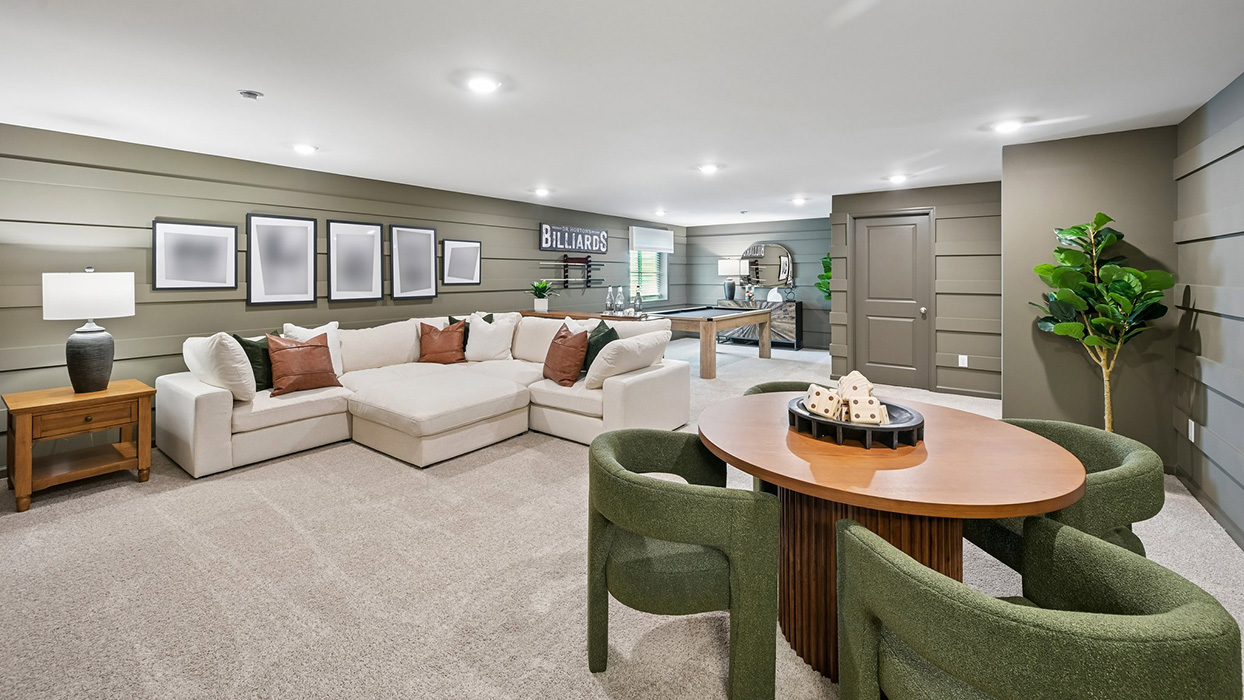 Expansive seating capabilities in basement.
