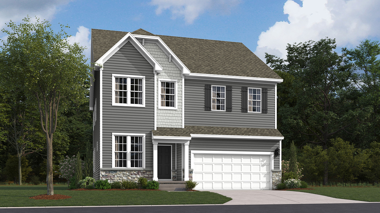 Sorrento plan two-story single family home in rockslide color siding, stone knee wall, sterling color shake style accent siding, black shutters, and white two car garage door.