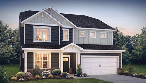 Exterior front image of a two story navy and white home with double garage.