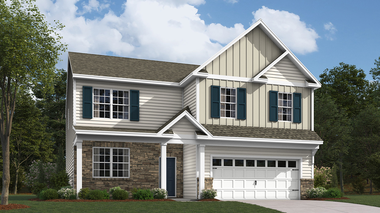 A rendering of a two-story Henley home with linent siding and sand board and batten accent siding, midnight blue shutters, and aspen ledge stone surrounding a white two car garage and naval black front entrance.